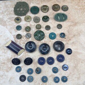 Vintage Buttons Variety Lot Greens Blues Navy Celluloid Plastic Sets Singles